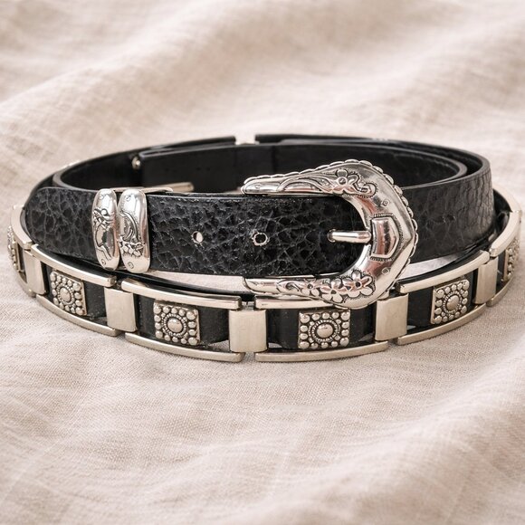 Vintage Western Leather Link Belt Silver Buckle Black M main image 5